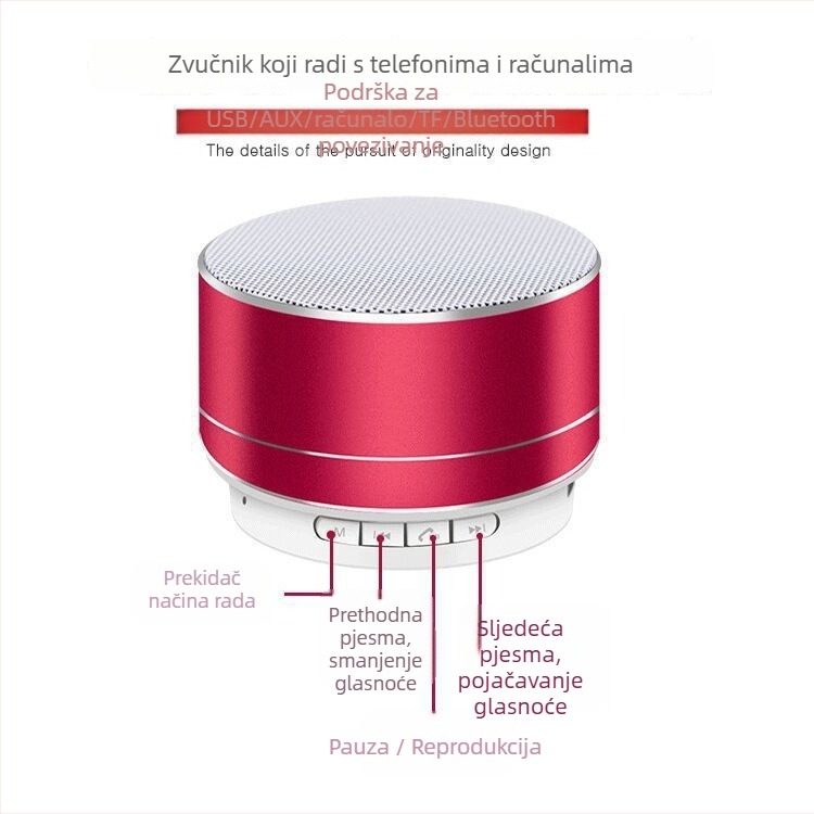 Bluetooth zvučnik s USB reprodukcijom, IPX7 vodootporan, 3,5 mm ulaz, frekvencijski raspon 100 Hz–20 kHz, SNR ≥70 dB.