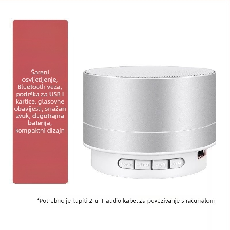 Bluetooth zvučnik s USB reprodukcijom, IPX7 vodootporan, 3,5 mm ulaz, frekvencijski raspon 100 Hz–20 kHz, SNR ≥70 dB.