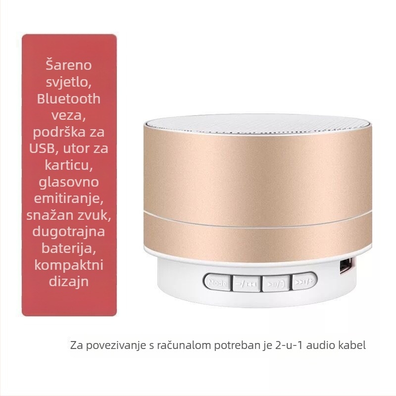 Bluetooth zvučnik s USB reprodukcijom, IPX7 vodootporan, 3,5 mm ulaz, frekvencijski raspon 100 Hz–20 kHz, SNR ≥70 dB.