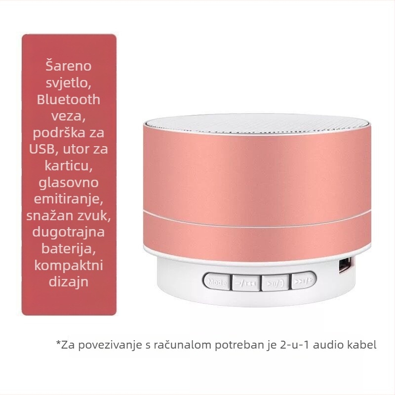 Bluetooth zvučnik s USB reprodukcijom, IPX7 vodootporan, 3,5 mm ulaz, frekvencijski raspon 100 Hz–20 kHz, SNR ≥70 dB.