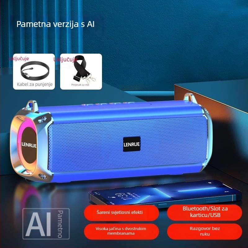 Bluetooth zvučnik s dualnim zvučnicima, IPX7 vodootporan, Bluetooth 5.0, 100 Hz–20 kHz, priključci: 3,5 mm jack, USB, TF kartica, Bluetooth; bez ugrađene baterije; za vanjsku upotrebu