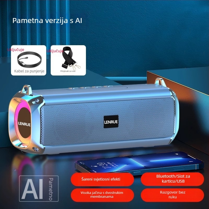 Bluetooth zvučnik s dualnim zvučnicima, IPX7 vodootporan, Bluetooth 5.0, 100 Hz–20 kHz, priključci: 3,5 mm jack, USB, TF kartica, Bluetooth; bez ugrađene baterije; za vanjsku upotrebu