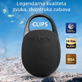 Clip5 bežični Bluetooth zvučnik s kukom, vodootporan IPX6, 5W, Bluetooth 5.3, 100 Hz–20 kHz, ugrađena baterija 500–800 mAh