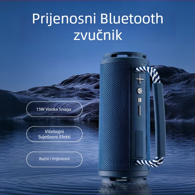 Bluetooth zvučnik s tekstilnom kućištem, prenosni vanjski, 15W, ugrađena baterija 1200–2000mAh, TF kartica, Bluetooth 5.1, domet 10 m