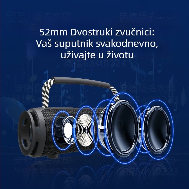 Bluetooth zvučnik s tekstilnom kućištem, prenosni vanjski, 15W, ugrađena baterija 1200–2000mAh, TF kartica, Bluetooth 5.1, domet 10 m