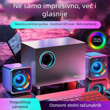 PC desktop zvučnici s Bluetoothom i USB-om, 3,5 mm žično povezivanje, raspon frekvencija 100 Hz–20 kHz, SNR ≥70 dB, IPX7 vodootpornost, bežično punjenje