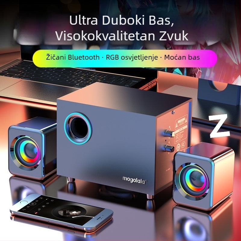 PC desktop zvučnici s Bluetoothom i USB-om, 3,5 mm žično povezivanje, raspon frekvencija 100 Hz–20 kHz, SNR ≥70 dB, IPX7 vodootpornost, bežično punjenje