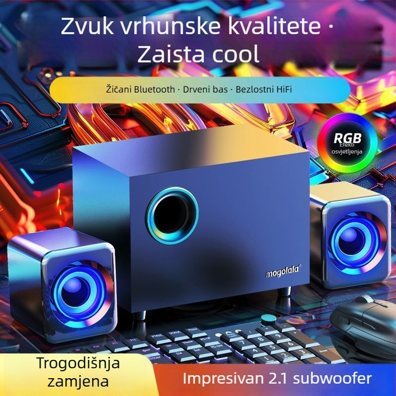 PC desktop zvučnici s Bluetoothom i USB-om, 3,5 mm žično povezivanje, raspon frekvencija 100 Hz–20 kHz, SNR ≥70 dB, IPX7 vodootpornost, bežično punjenje