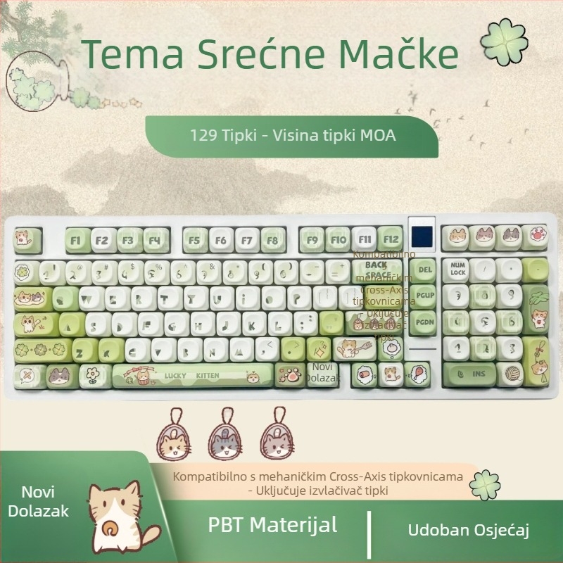 Tipke za mehaničku tipkovnicu s temom Sretna mačka, MOA petostrana dye-sublimacija PBT tipke, 129 tipki, DIY prilagodba