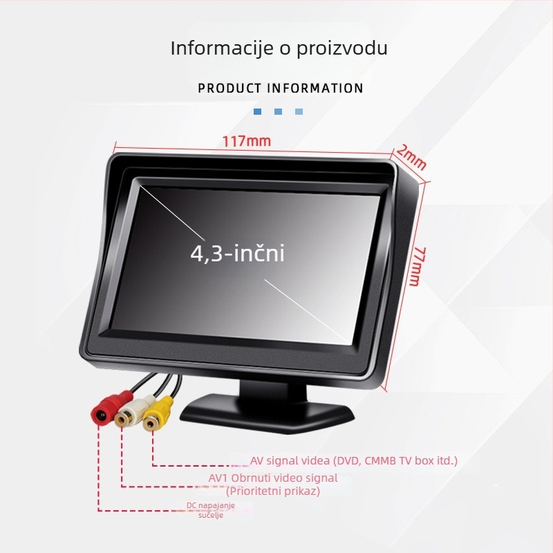 Automobilski LCD zaslon, stolni monitor, rezolucija 480x272, AV ulaz, model 4.3