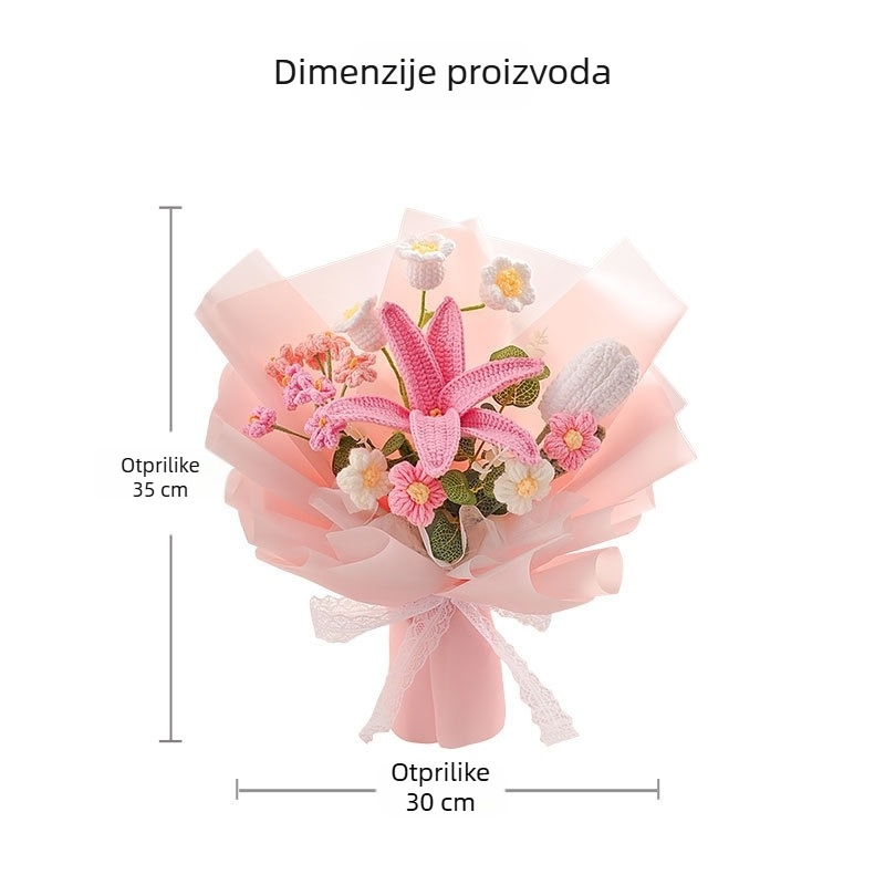 Ručni pleteni buket vunene pređe s svilenim cvjetovima (lilija) - materijal: svila; sorta: lilija; zanat: drugo