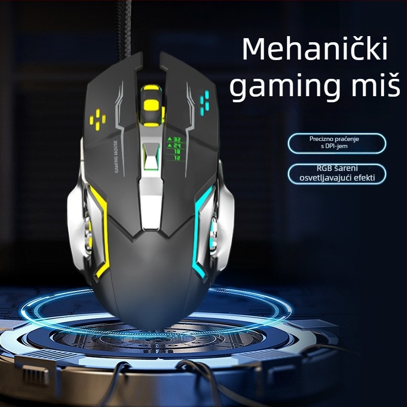 Žičana gaming miša WYG9 s 6 tipki, optoelektronski senzor DPI 1200–3200, makro programiranje i prilagodba, kabel 1,4 m, težina 130 g
