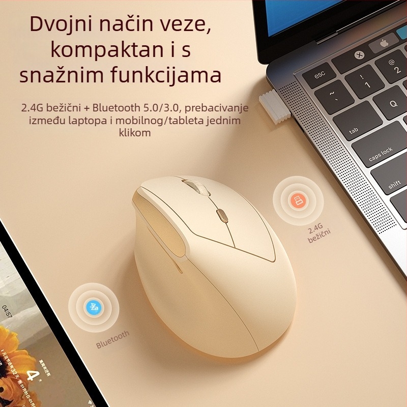 BOW ergonomska vertikalna mini miš, dvostruki način bežične veze (2.4G + Bluetooth), DPI 800/1200/1600, USB sučelje, domet 10 m