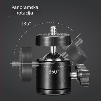 Metalna mini PTZ gimbal glava za fotografiju, navoj 3/8 in i 1/4 in, 360° horizontalna i vertikalna rotacija, 0.075 kg, aluminij/ABS/nylon