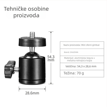 Metalna mini PTZ gimbal glava za fotografiju, navoj 3/8 in i 1/4 in, 360° horizontalna i vertikalna rotacija, 0.075 kg, aluminij/ABS/nylon
