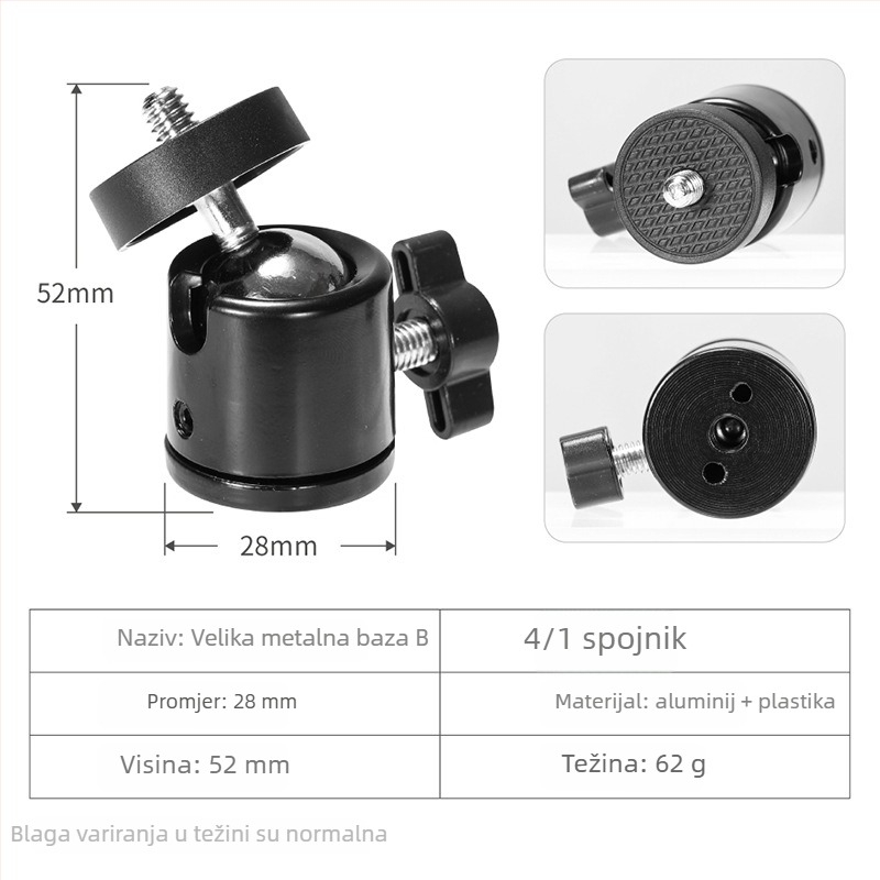 Metalna mini PTZ gimbal glava za fotografiju, navoj 3/8 in i 1/4 in, 360° horizontalna i vertikalna rotacija, 0.075 kg, aluminij/ABS/nylon