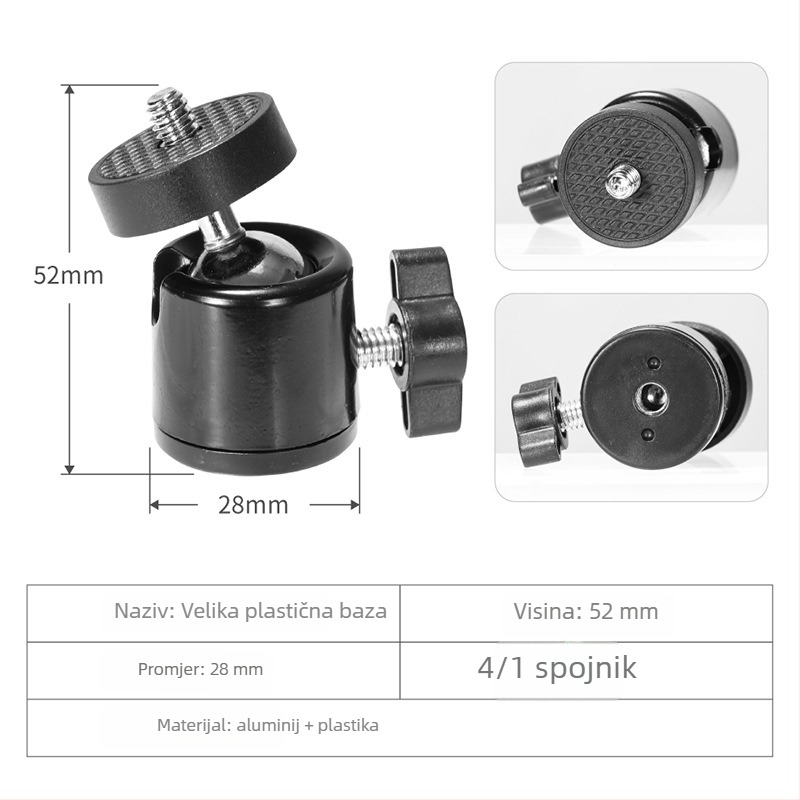 Metalna mini PTZ gimbal glava za fotografiju, navoj 3/8 in i 1/4 in, 360° horizontalna i vertikalna rotacija, 0.075 kg, aluminij/ABS/nylon