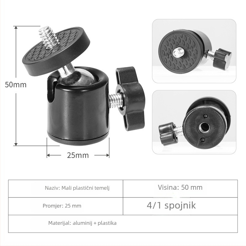 Metalna mini PTZ gimbal glava za fotografiju, navoj 3/8 in i 1/4 in, 360° horizontalna i vertikalna rotacija, 0.075 kg, aluminij/ABS/nylon