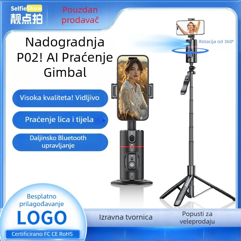 Mobitelni gimbal za prijenos uživo s AI praćenjem lica i 360° panoramom, stabilizacija; Bluetooth, ABS kućište, težina 340 g