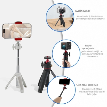 Mini stolni prošireni stativ s kugličnom glavom za mobilni telefon i mirrorless kameru – 3-sekcijski teleskopni stalak, ABS + aluminijska legura, nosivost 1 kg