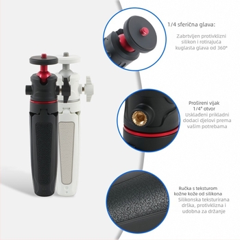 Mini stolni prošireni stativ s kugličnom glavom za mobilni telefon i mirrorless kameru – 3-sekcijski teleskopni stalak, ABS + aluminijska legura, nosivost 1 kg