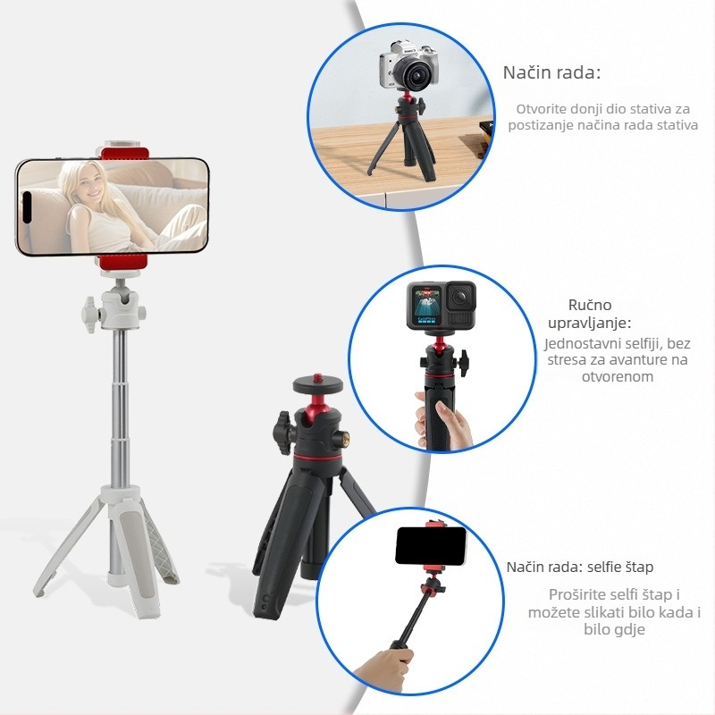 Mini stolni prošireni stativ s kugličnom glavom za mobilni telefon i mirrorless kameru – 3-sekcijski teleskopni stalak, ABS + aluminijska legura, nosivost 1 kg