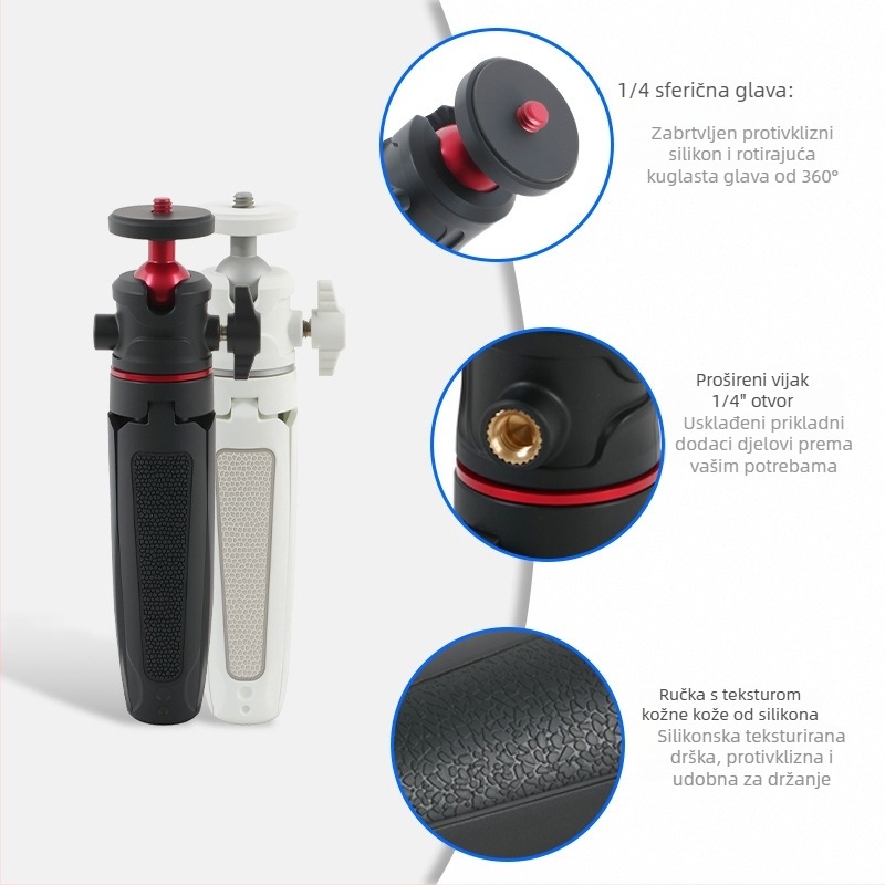 Mini stolni prošireni stativ s kugličnom glavom za mobilni telefon i mirrorless kameru – 3-sekcijski teleskopni stalak, ABS + aluminijska legura, nosivost 1 kg