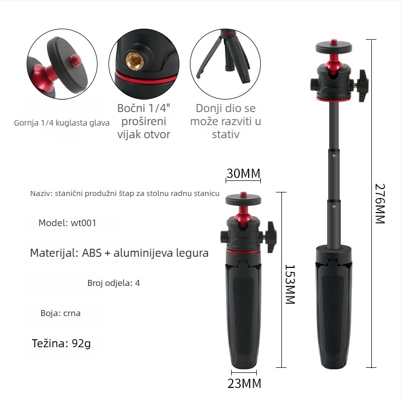 Mini stolni prošireni stativ s kugličnom glavom za mobilni telefon i mirrorless kameru – 3-sekcijski teleskopni stalak, ABS + aluminijska legura, nosivost 1 kg