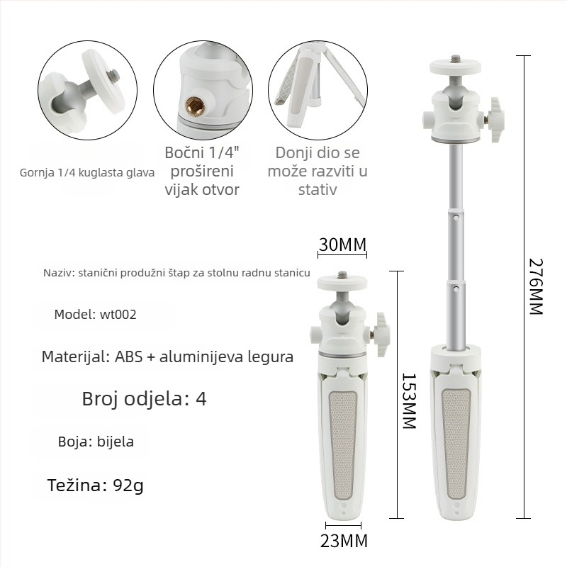 Mini stolni prošireni stativ s kugličnom glavom za mobilni telefon i mirrorless kameru – 3-sekcijski teleskopni stalak, ABS + aluminijska legura, nosivost 1 kg