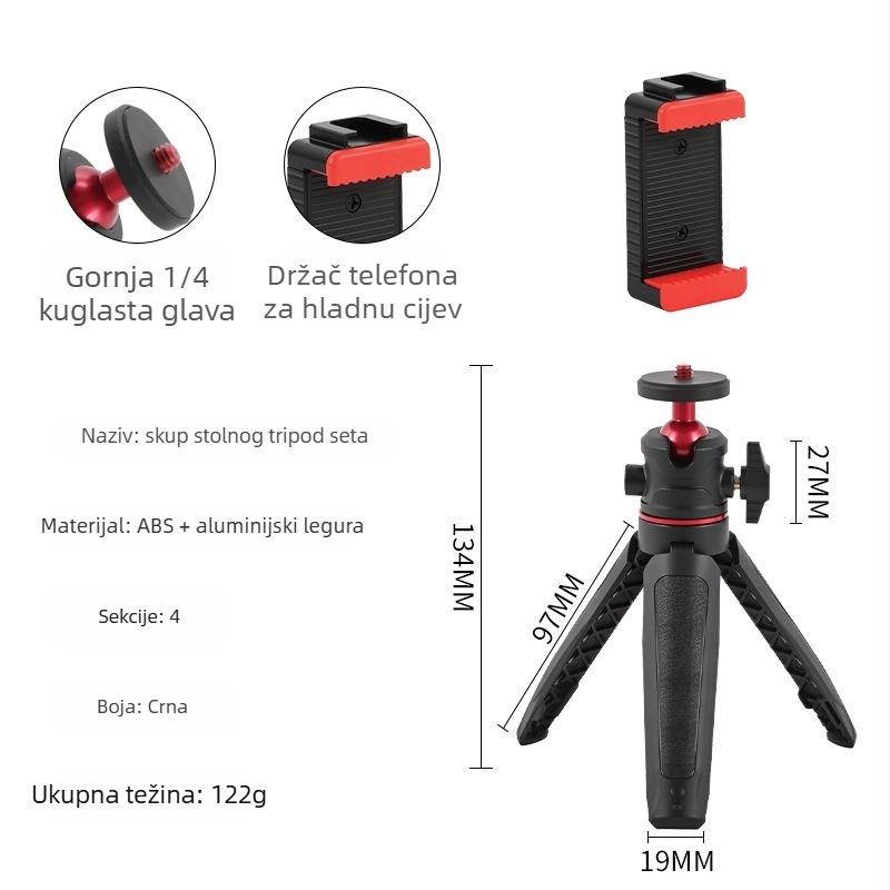 Mini stolni prošireni stativ s kugličnom glavom za mobilni telefon i mirrorless kameru – 3-sekcijski teleskopni stalak, ABS + aluminijska legura, nosivost 1 kg