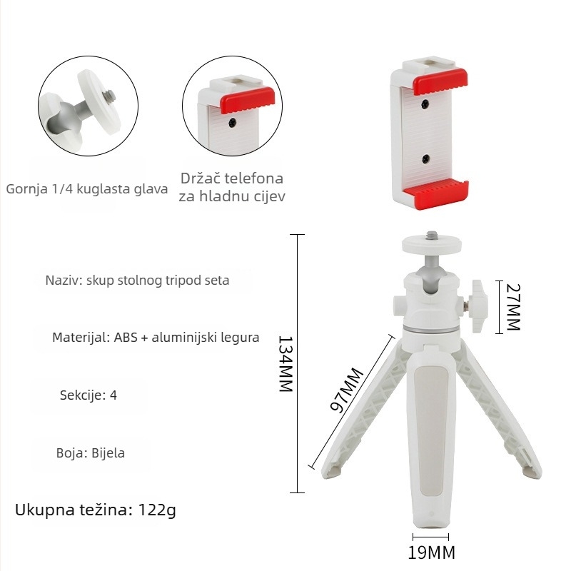 Mini stolni prošireni stativ s kugličnom glavom za mobilni telefon i mirrorless kameru – 3-sekcijski teleskopni stalak, ABS + aluminijska legura, nosivost 1 kg