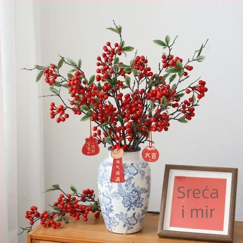 Umjetna grančica s crvenim plodovima i listovima za dekoraciju dnevnog boravka (Materijal: 134280; Izrada: 428722943; Vrsta: 209964631; Svrha: vjenčanja, vanjska uporaba, rekviziti za fotografije)