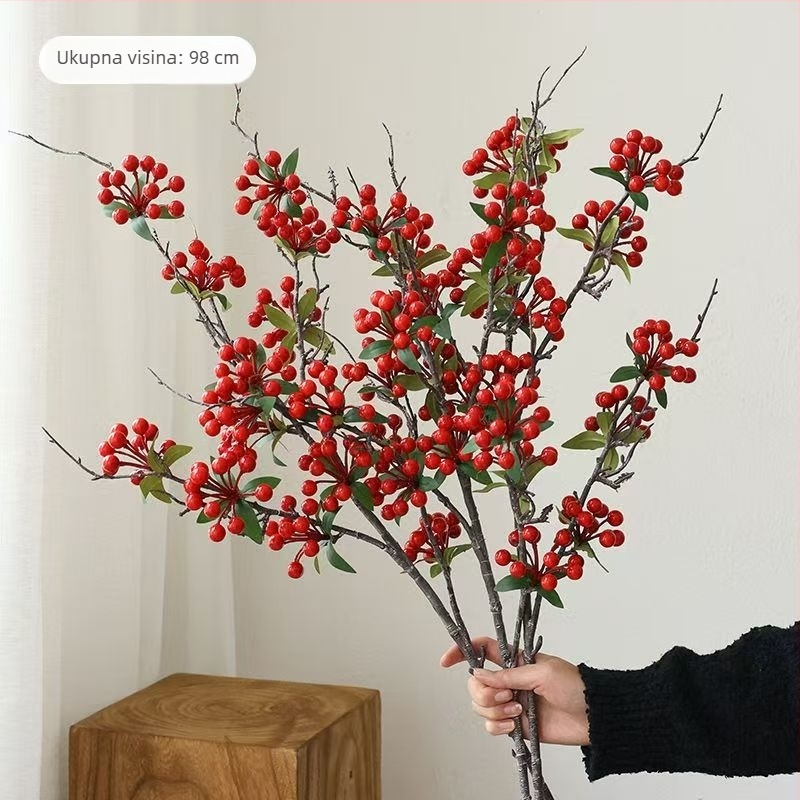 Umjetna grančica s crvenim plodovima i listovima za dekoraciju dnevnog boravka (Materijal: 134280; Izrada: 428722943; Vrsta: 209964631; Svrha: vjenčanja, vanjska uporaba, rekviziti za fotografije)
