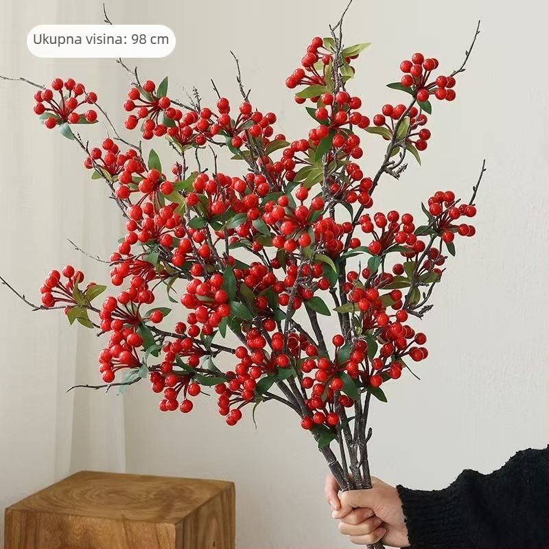 Umjetna grančica s crvenim plodovima i listovima za dekoraciju dnevnog boravka (Materijal: 134280; Izrada: 428722943; Vrsta: 209964631; Svrha: vjenčanja, vanjska uporaba, rekviziti za fotografije)