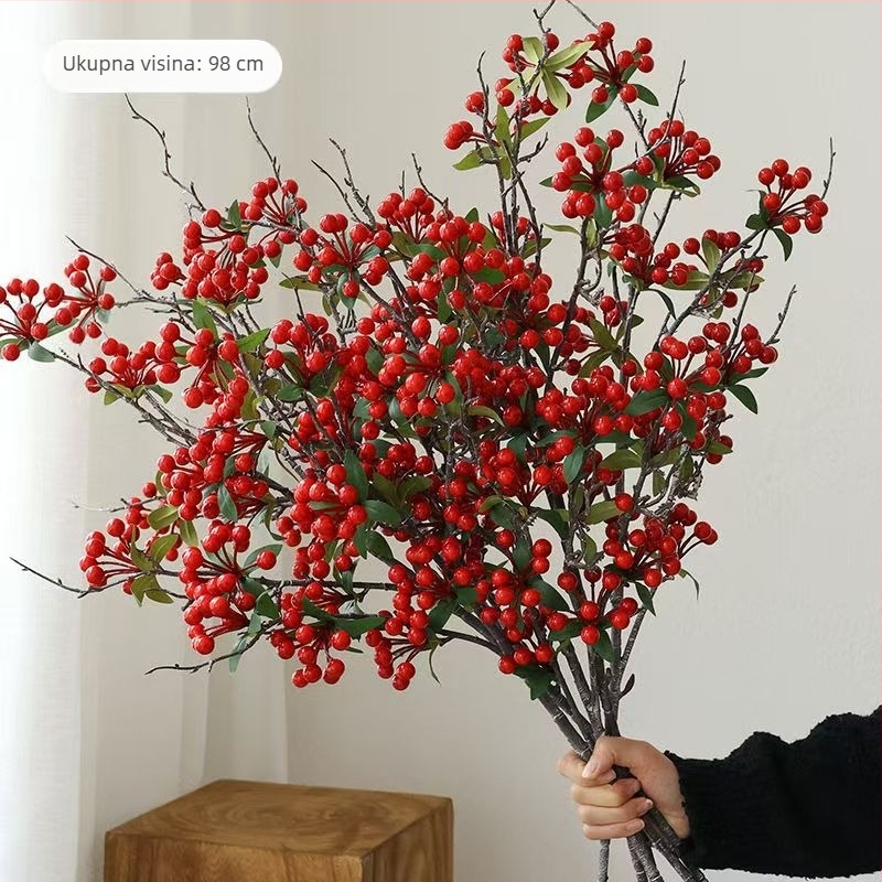 Umjetna grančica s crvenim plodovima i listovima za dekoraciju dnevnog boravka (Materijal: 134280; Izrada: 428722943; Vrsta: 209964631; Svrha: vjenčanja, vanjska uporaba, rekviziti za fotografije)