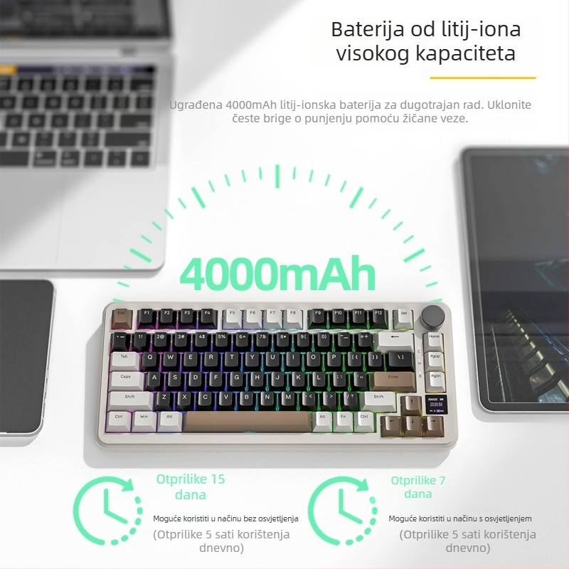 Igraća tipkovnica s 81 tipkama, bežična, do 3 uređaja istovremeno, Blueberry mehanički prekidači, RGB pozadinsko osvjetljenje, ABS kućište otporno na vodu