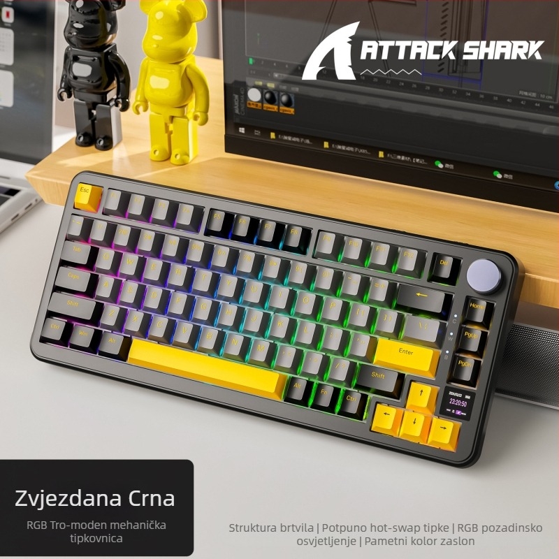 Igraća tipkovnica s 81 tipkama, bežična, do 3 uređaja istovremeno, Blueberry mehanički prekidači, RGB pozadinsko osvjetljenje, ABS kućište otporno na vodu