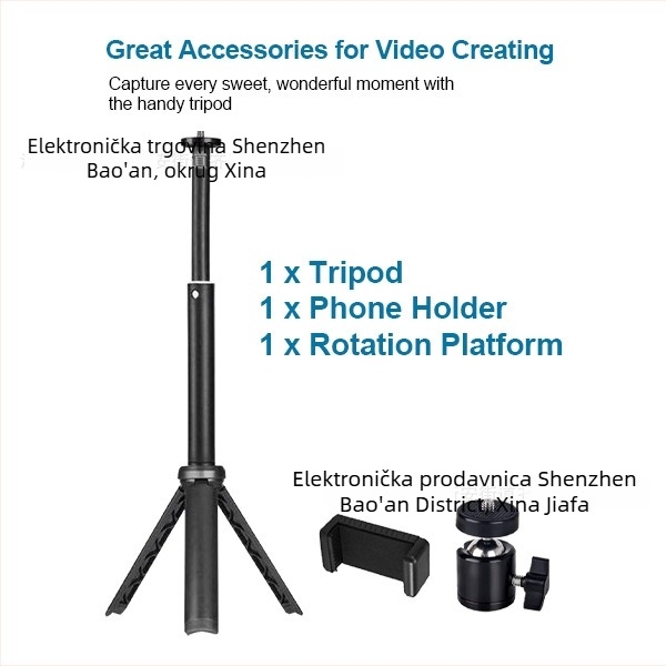 Stolni mini foto-stativ — Prijenosni selfie stativ za telefon, Metalna konstrukcija, Nosivost 1 kg, Promjer cijevi 1 cm, Dizajn s 1 segmentom