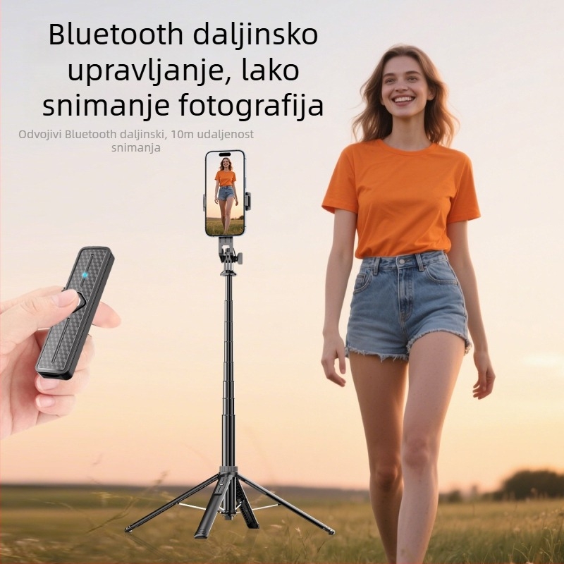 Bluetooth selfie štap s podnim teleskopskim stativom, aluminijska legura + ABS, uključuje daljinski upravljač, nosač za kameru