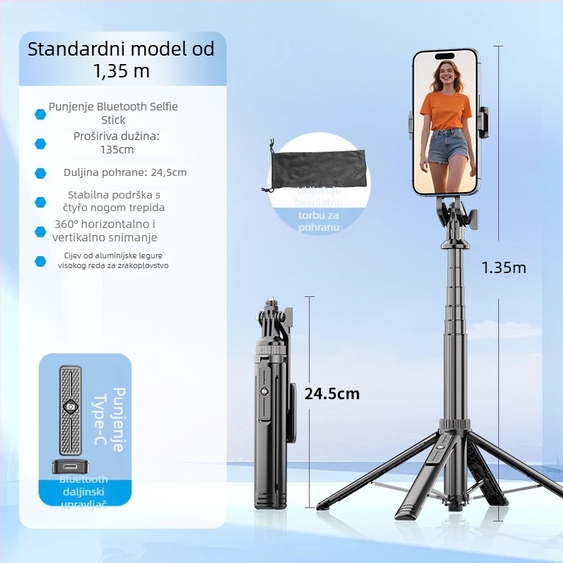 Bluetooth selfie štap s podnim teleskopskim stativom, aluminijska legura + ABS, uključuje daljinski upravljač, nosač za kameru
