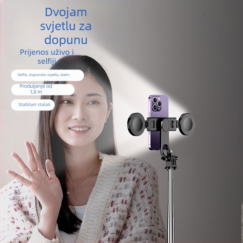 Selfie štap s gimbalom za GoPro i pametni telefon – aluminijska legura; daljinski upravljač; rasvjeta; Bluetooth; prilagodljiv