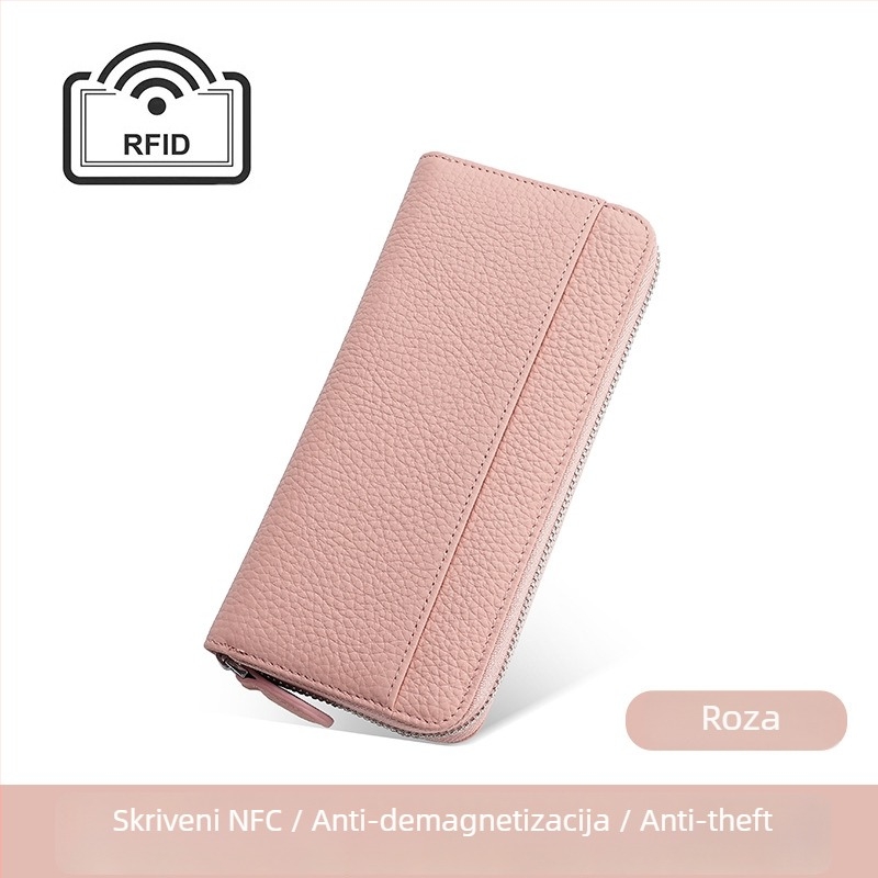 Ženski dugi novčanik od prave kože s RFID, japanskog stila organizator torbice, zatvarač, unutarnje džepove za telefon i ID