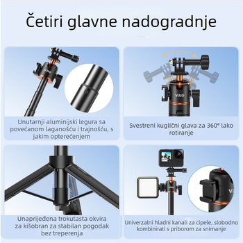 Selfie stativ za GoPro/Insta360 X3/X4 s kugličnom glavom, 5 sekcija, aluminijska legura + ABS, pločica brzog otpuštanja