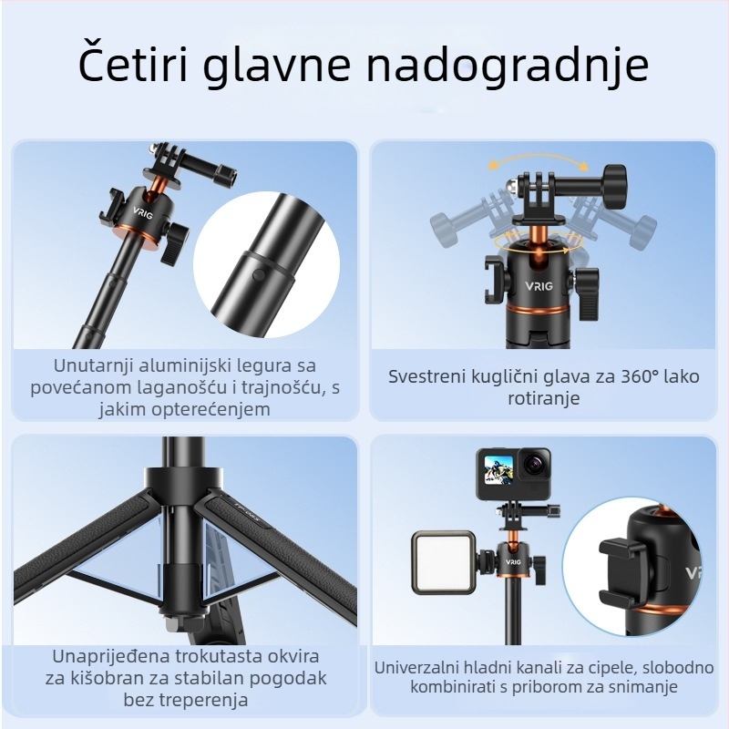 Selfie stativ za GoPro/Insta360 X3/X4 s kugličnom glavom, 5 sekcija, aluminijska legura + ABS, pločica brzog otpuštanja