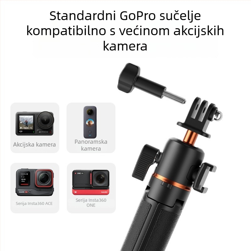 Selfie stativ za GoPro/Insta360 X3/X4 s kugličnom glavom, 5 sekcija, aluminijska legura + ABS, pločica brzog otpuštanja