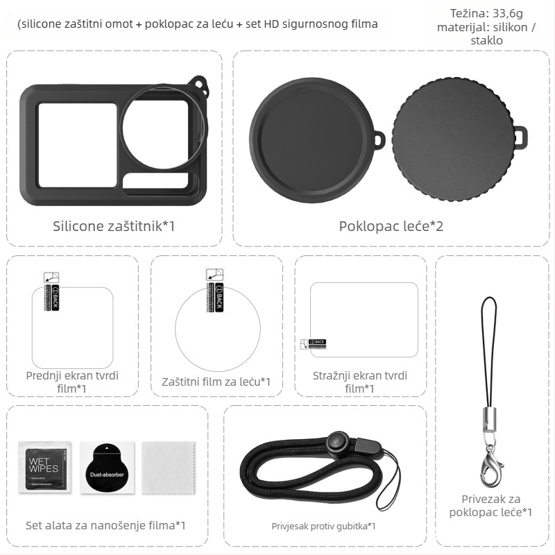 Silikonni poklopac objektiva s kaljenim staklom za DJI Action 5 Pro/4/3; materijal: silikon + staklo; prilagodljiv logotip; paket uključuje silikon poklopac i papirnatu kutiju.