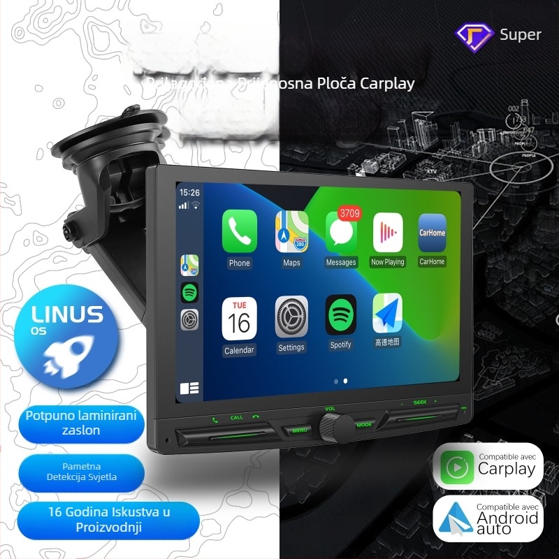 Bežični prijenosni zaslon CarPlay s podrškom za vožnju i navigaciju unazad, model PS7002, LCD zaslon, SD kartica, napajanje putem cigaretne utičnice