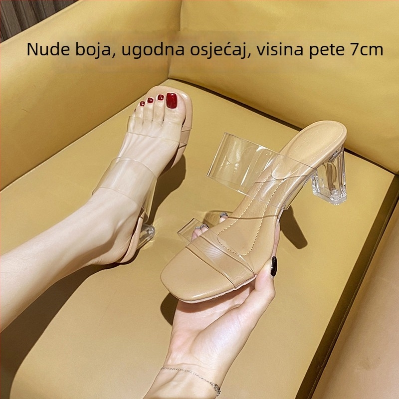 Sandale s jednim remenom, PVC gornji dio, kvadratni vrh, gumena potplata, debeli pet 3–6 cm