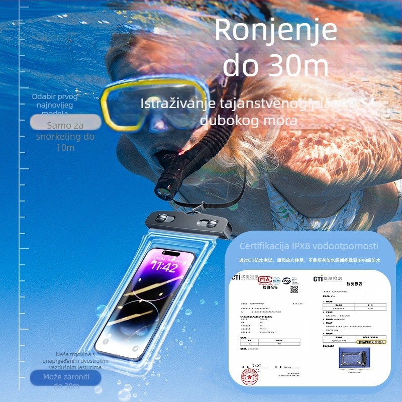 Vodootporna torbica za telefon za plažu s HD dodirnim zaslonom — kompatibilno s telefonima do 7,2 inča, plastično vodootporno kućište, moguć prilagođeni logotip, za plivanje, ronjenje i raftanje