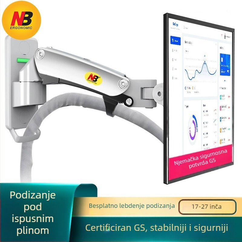 Zidni nosač za monitor s rotacijom, podizanjem i teleskopskim ramenom — aluminijska legura